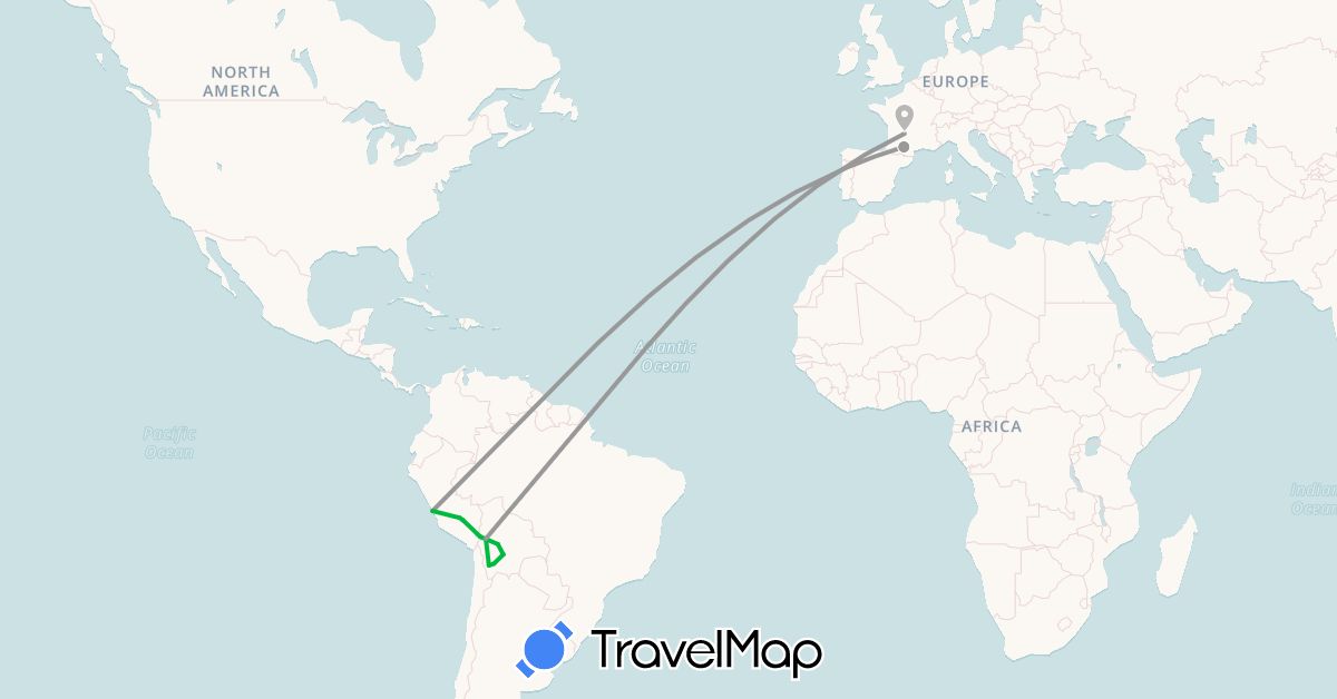 TravelMap itinerary: bus, plane in Bolivia, France, Peru (Europe, South America)